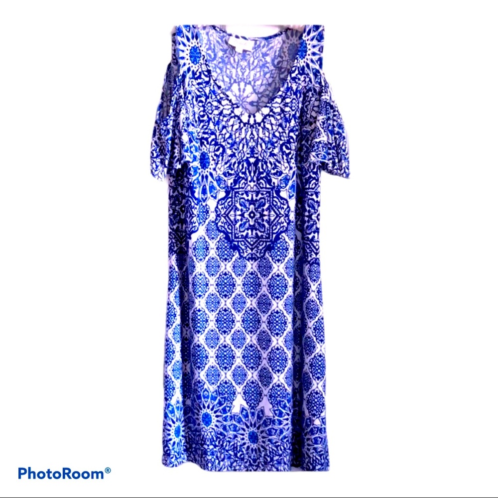 Whimsigoth Blue White Bohemian Dress XS‎